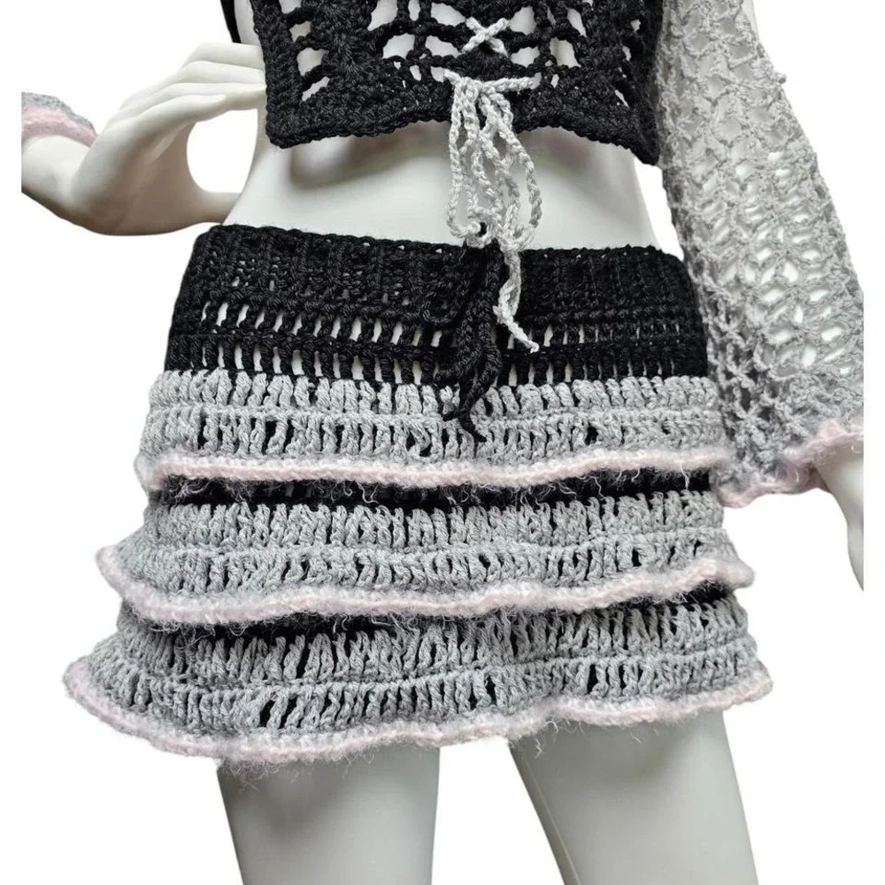 Handmade Crochet Mini‎ Skirt – Black, Gray & Pink Ruffle Knit